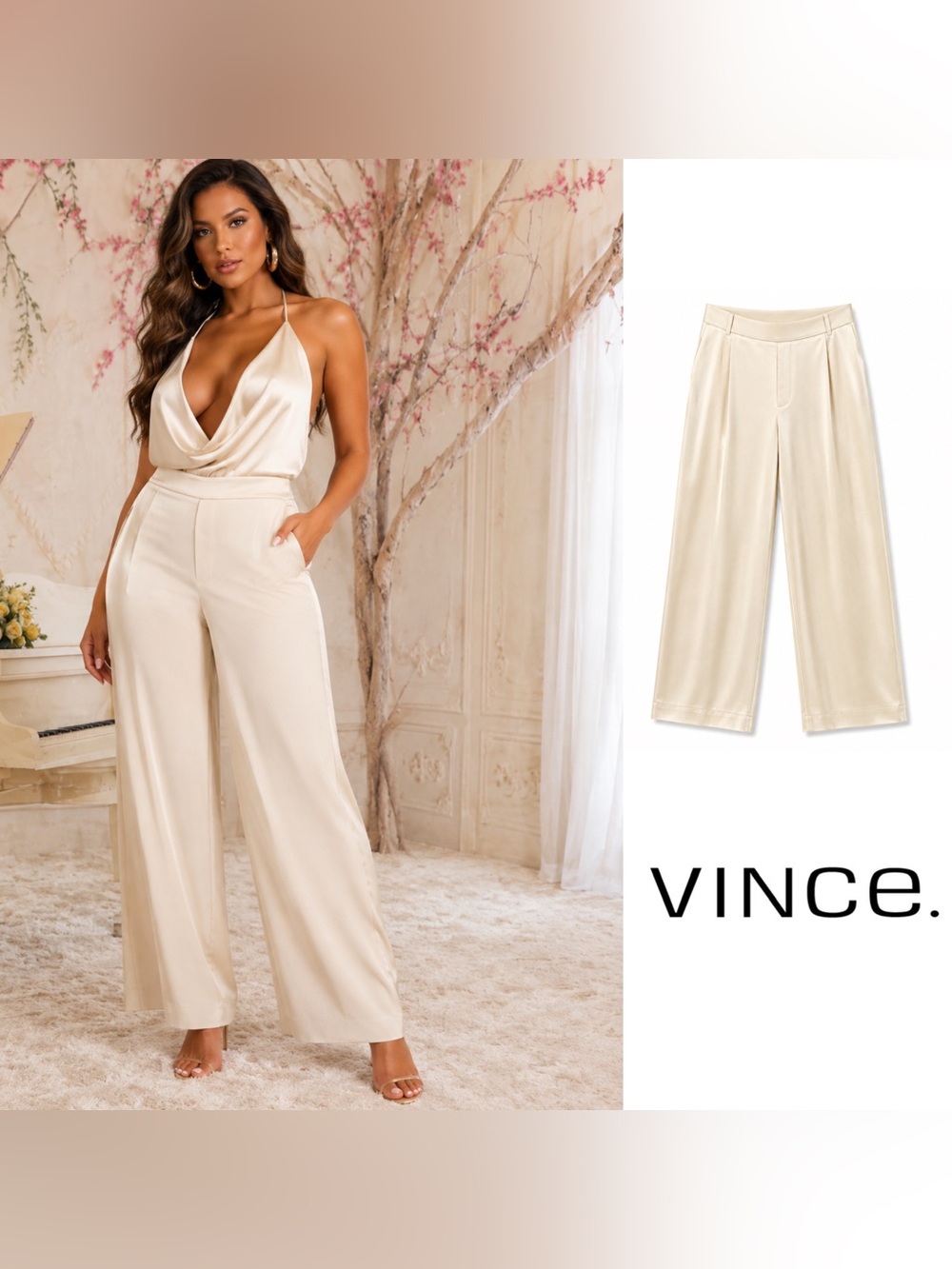 Vince Satin Cream Wide-Leg Trousers